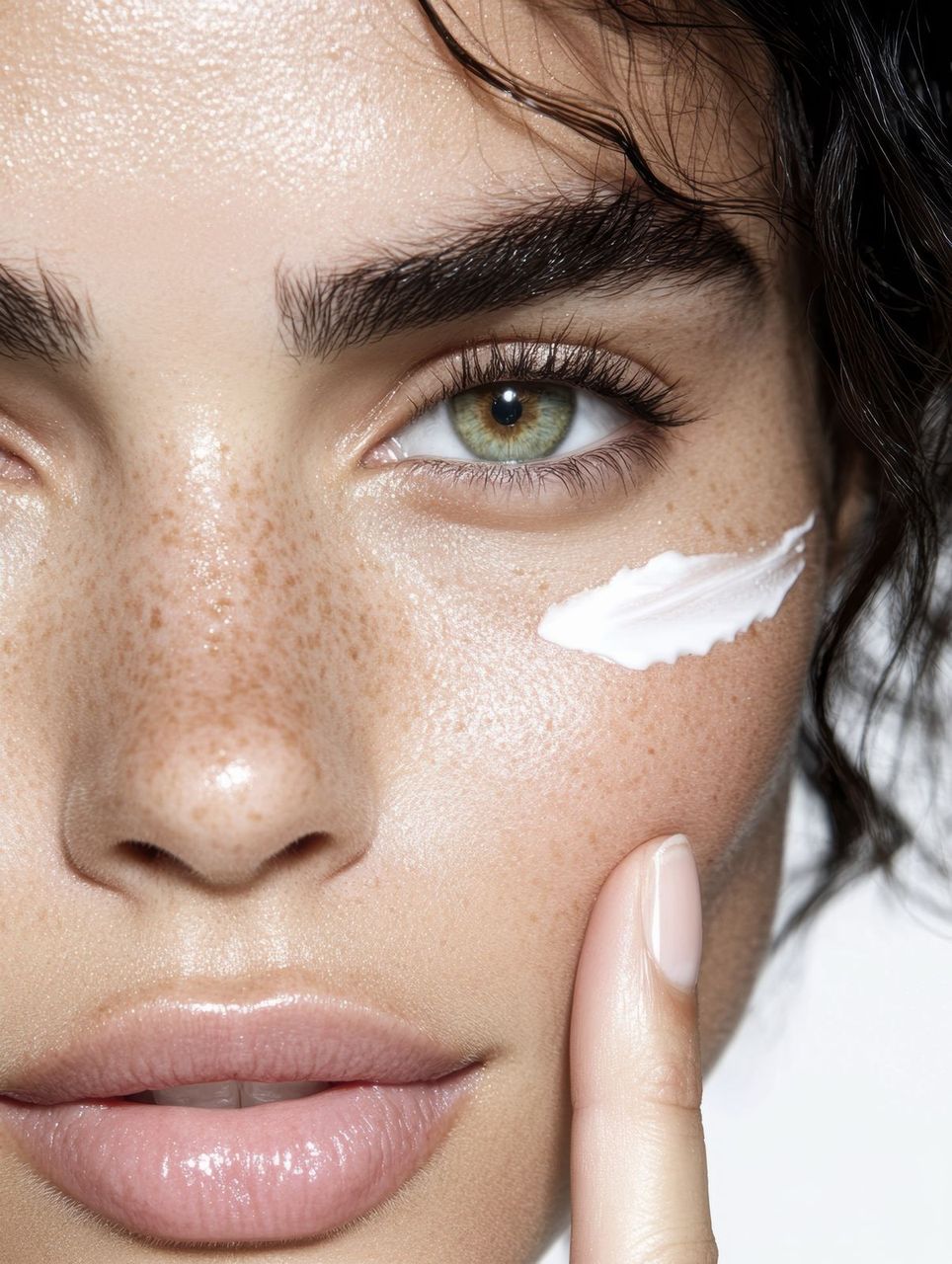 Swipe of moisturizer on a freckled cheek, Barrier Repair Facial at Lemon & Honey Day Spa, City of Orange, CA