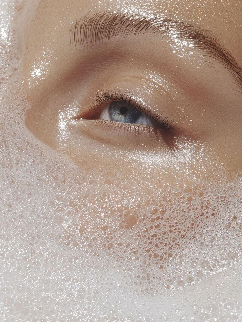 Close-up of an eye above skin covered in fine cleansing foam, HydraFacial at Lemon & Honey Day Spa, City of Orange, CA