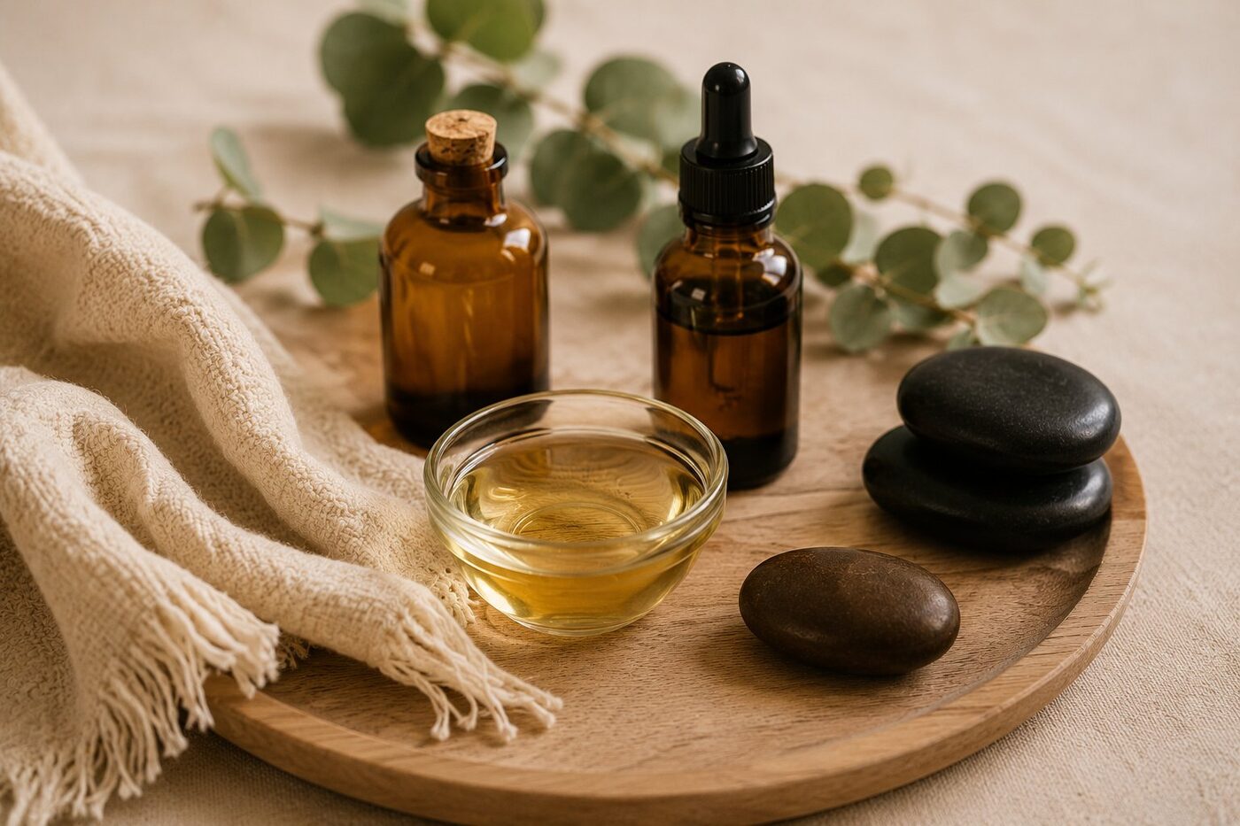 Massage oils, a bowl of warm oil and smooth stones on a wooden tray, custom massage at Lemon & Honey Day Spa, City of Orange, CA