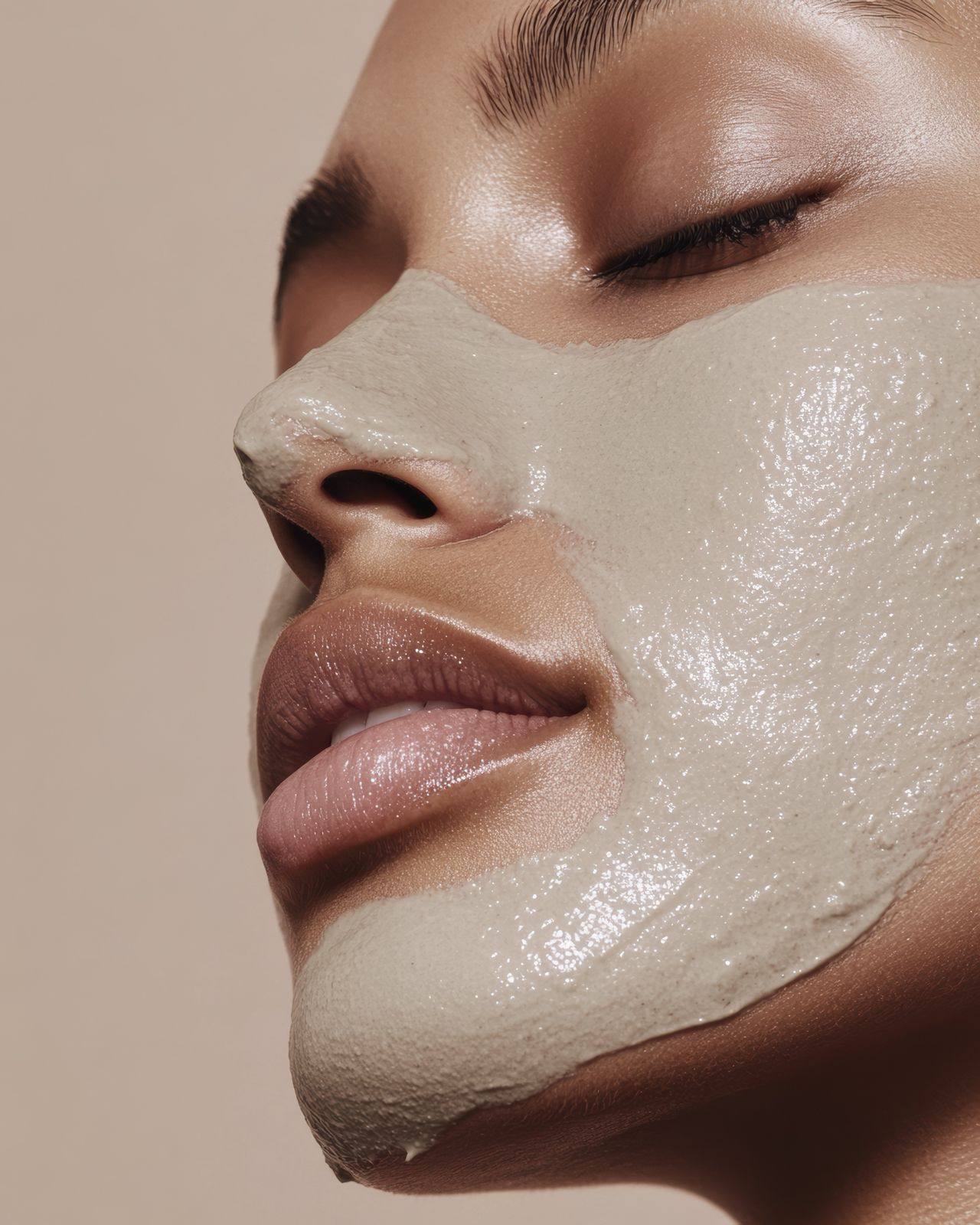 Profile of a woman with a tan clay mask along the cheek and jawline, Buccal Sculpt facials at Lemon & Honey Day Spa, City of Orange, CA